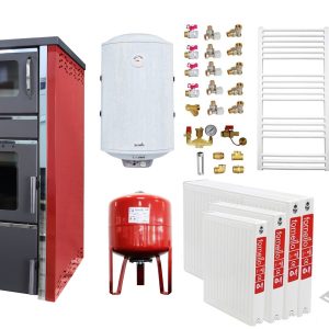 Pachet incalzire si apa calda 3 camere Termosemineu FORNELLO AVANOS 32 kw Red pe combustibil solid ( lemn,carbune,bricheti ), cos inox, boiler termoelectric 100l, vas expansiune, calorifere si kit montaj