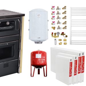 Pachet incalzire si apa calda 3 camere Termosemineu FORNELLO AVANOS 32 kw Ivory pe combustibil solid ( lemn,carbune,bricheti ), cos inox, boiler termoelectric 100l, vas expansiune, calorifere si kit montaj
