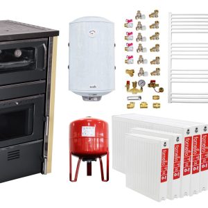Pachet incalzire si apa calda 4 camere Termosemineu FORNELLO AVANOS 32 kw Ivory pe combustibil solid ( lemn,carbune,bricheti ), cos inox, boiler termoelectric 100l, vas expansiune, calorifere si kit montaj