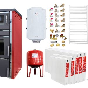 Pachet incalzire si apa calda 4 camere Termosemineu FORNELLO AVANOS 32 kw Red pe combustibil solid ( lemn,carbune,bricheti ), cos inox, boiler termoelectric 100l, vas expansiune, calorifere si kit montaj