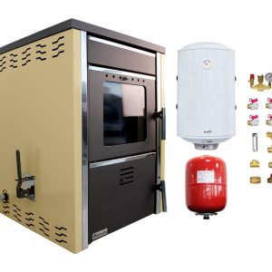 Pachet Termosemineu pe lemne FORNELLO TOROS 29 kw Ivory pe combustibil solid ( lemn,carbune,bricheti ), boiler termoelectric 100l, vas expansiune si kit montaj