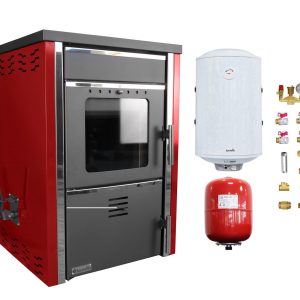 Pachet Termosemineu pe lemne FORNELLO TOROS 29 kw Bordeaux pe combustibil solid ( lemn,carbune,bricheti ), boiler termoelectric 100l, vas expansiune si kit montaj