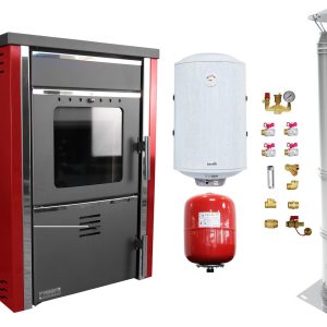 Pachet Termosemineu pe lemne FORNELLO TOROS 29 kw Bordeaux pe combustibil solid ( lemn,carbune,bricheti ), boiler termoelectric 100l, vas expansiune, kit montaj si cos inox