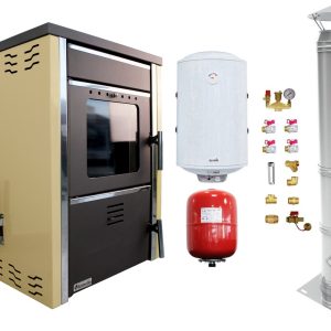 Pachet Termosemineu pe lemne FORNELLO TOROS 29 kw Ivory pe combustibil solid ( lemn,carbune,bricheti ), boiler termoelectric 100l, vas expansiune, kit montaj si cos inox