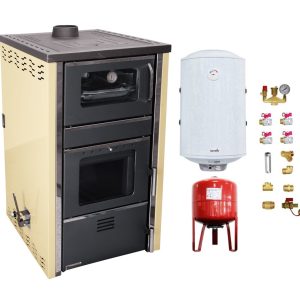Pachet Termosemineu FORNELLO AVANOS 32 kw Ivory pe combustibil solid ( lemn,carbune,bricheti ), boiler termoelectric 100l, vas expansiune si kit montaj