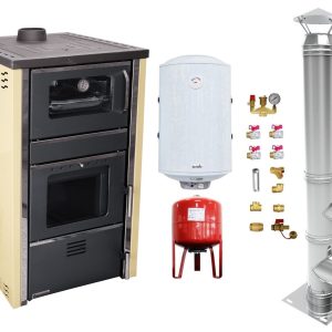 Pachet Termosemineu FORNELLO AVANOS 32 kw Ivory pe combustibil solid ( lemn,carbune,bricheti ), boiler termoelectric 100l, vas expansiune, kit montaj si cos inox