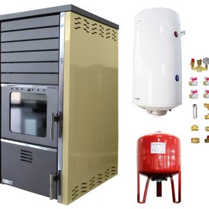 Pachet Termosemineu FORNELLO SUPERNOVA CREAM 38 KW pe combustibil solid ( lemn,carbune,bricheti ) ce se poate utiliza pentru incalzirea locuintelor, este echipat cu pompa de circulare, boiler termoelectric 100l, vas expansiune si kit montaj