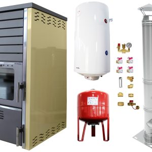 Pachet Termosemineu FORNELLO SUPERNOVA CREAM 38 KW pe combustibil solid ( lemn,carbune,bricheti ) ce se poate utiliza pentru incalzirea locuintelor, este echipat cu pompa de circulare, cos inox, boiler termoelectric 100l, vas expansiune si kit montaj