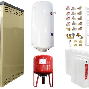 Pachet incalzire si apa calda 3 camere Termosemineu FORNELLO SUPERNOVA CREAM 38 KW pe combustibil solid ( lemn,carbune,bricheti ), echipat cu pompa de circulare, cos inox, boiler termoelectric 100l, vas expansiune, kit montaj si calorifere