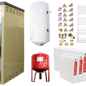Pachet incalzire si apa calda 4 camere Termosemineu FORNELLO SUPERNOVA CREAM 38 KW pe combustibil solid ( lemn,carbune,bricheti ), echipat cu pompa de circulare, cos inox, boiler termoelectric 100l, vas expansiune, kit montaj si calorifere