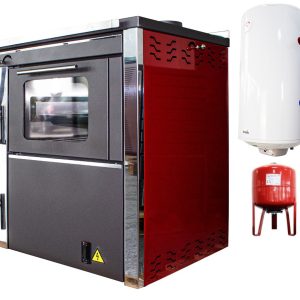 Pachet Termosemineu FORNELLO STAR Red 34 kw pe combustibil solid ( lemn,carbune,bricheti ) prevazut cu plita si cuptor pentru gatit, echipat cu pompa de circulare, boiler termoelectric 100l, vas expansiune, kit montaj