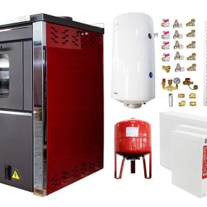 Pachet incalzire si apa calda 3 camere Termosemineu FORNELLO STAR Red 34 kw pe combustibil solid prevazut cu plita si cuptor pentru gatit, echipat cu pompa de circulare, cos inox, boiler termoelectric 100l, vas expansiune, kit montaj si calorifere
