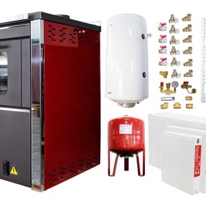 Pachet incalzire si apa calda 4 camere Termosemineu FORNELLO STAR Red 34 kw pe combustibil solid prevazut cu plita si cuptor pentru gatit, echipat cu pompa de circulare, cos inox, boiler termoelectric 100l, vas expansiune, kit montaj si calorifere
