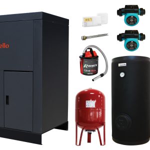 Pachet format din Centrala pe peleti Fornello Eco Energy 40 kW, Pompe circulare, Vas Expansiune, Boiler termoelectric de sol, Cos inox, Termostat ambient si Aspirator cenusa