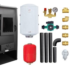 Pachet Termosemineu pe lemne, brichete si carbune Fornello Roma E, Bordeaux, 22 kW, 49x45x103 cm, boiler termoelectric 100l, vas expansiune, pompa circulatie, kit evacuare si kit montaj