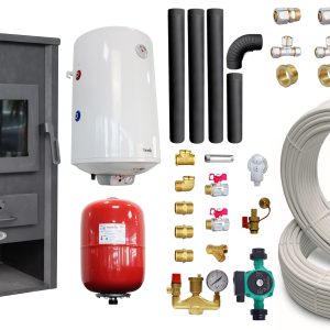 Pachet Termosemineu pe lemne, brichete si carbune Fornello B2E, 14 kW, 46x45x91 cm, boiler termoelectric 80l, teava, vas expansiune, pompa circulatie, kit evacuare si fitinguri