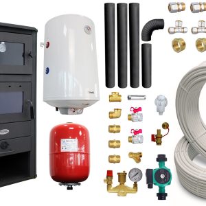 Pachet Termosemineu pe lemne, brichete si carbune Fornello MILANO E, 24 KW, cuptor, Ivory, 580x560x1060 mm, boiler termoelectric 100l, teava, vas expansiune, pompa circulatie, kit evacuare si fitinguri