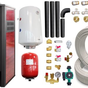 Pachet Termosemineu pe lemne, brichete si carbune Fornello Roma E, Bordeaux, 22 kW, 49x45x103 cm, boiler termoelectric 100l, teava, vas expansiune, pompa circulatie, kit evacuare si fitinguri