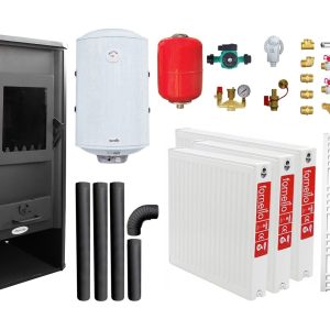 Pachet incalzire si apa calda pentru 2 camere Termosemineu pe lemne, brichete si carbune Fornello Roma E, 22 kW, 49x45x103 cm, boiler termoelectric 100l, vas expansiune, pompa circulatie, kit evacuare, calorifere si kit montaj