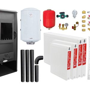 Pachet incalzire si apa calda pentru 3 camere Termosemineu pe lemne, brichete si carbune Fornello Roma E, Bordeaux, 22 kW, 49x45x103 cm, boiler termoelectric 100l, vas expansiune, pompa circulatie, kit evacuare, calorifere si kit montaj