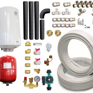 Pachet incalzire si apa calda pentru 3 camere Termosemineu pe lemne, brichete si carbune Fornello Roma E, Bordeaux, 22 kW, 49x45x103 cm, teava, boiler termoelectric 100l, vas expansiune, pompa circulatie, kit evacuare, calorifere si fitingu