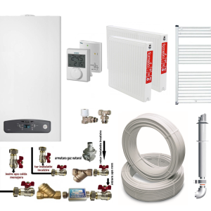 Pachet apartament cu o camera, centrala termica in condensatie Ariston Cares S 24 kW, kit evacuare inclus, termostat, teava hidronix, calorifere otel, kit armaturi centrala, robineti calorifer