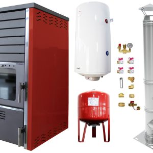 Pachet Termosemineu FORNELLO SUPERNOVA RED 38 KW pe combustibil solid ( lemn,carbune,bricheti ) ce se poate utiliza pentru incalzirea locuintelor, este echipat cu pompa de circulare, cos inox, boiler termoelectric 100l, vas expansiune si kit montaj