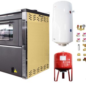 Pachet Termosemineu FORNELLO STAR CREAM 34 kw pe combustibil solid ( lemn,carbune,bricheti ) prevazut cu plita si cuptor pentru gatit, echipat cu pompa de circulare, cos inox, boiler termoelectric 100l, vas expansiune, kit montaj