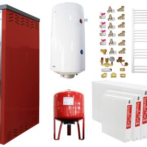 Pachet incalzire si apa calda 4 camere Termosemineu FORNELLO SUPERNOVA RED 38 KW pe combustibil solid ( lemn,carbune,bricheti ), echipat cu pompa de circulare, cos inox, boiler termoelectric 100l, vas expansiune, kit montaj si calorifere
