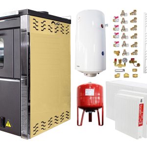 Pachet incalzire si apa calda 4 camere Termosemineu FORNELLO STAR CREAM 34 kw pe combustibil solid prevazut cu plita si cuptor pentru gatit, echipat cu pompa de circulare, cos inox, boiler termoelectric 100l, vas expansiune, kit montaj si calorifere