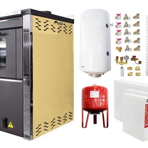 Pachet incalzire si apa calda 3 camere Termosemineu FORNELLO STAR CREAM 34 kw pe combustibil solid prevazut cu plita si cuptor pentru gatit, echipat cu pompa de circulare, cos inox, boiler termoelectric 100l, vas expansiune, kit montaj si calorifere
