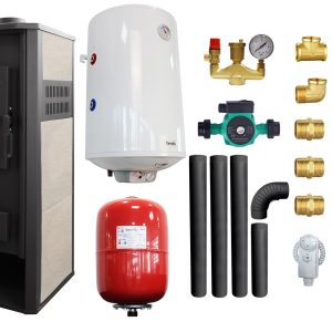 Pachet Termosemineu pe lemne, brichete si carbune Fornello Roma E, Ivory, 22 kW, 49x45x103 cm, boiler termoelectric 100l, vas expansiune, pompa circulatie, kit evacuare si kit montaj