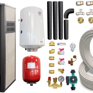 Pachet Termosemineu pe lemne, brichete si carbune Fornello Roma E, Ivory, 22 kW, 49x45x103 cm, boiler termoelectric 100l, teava, vas expansiune, pompa circulatie, kit evacuare si fitinguri