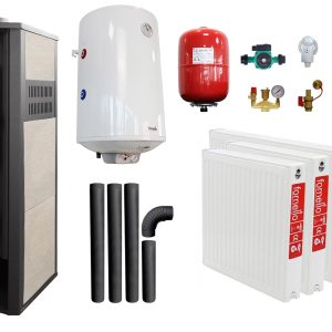 Pachet incalzire si apa calda pentru 2 camere Termosemineu pe lemne, brichete si carbune Fornello Roma E, Ivory, 22 kW, 49x45x103 cm, boiler termoelectric 100l, vas expansiune, pompa circulatie, kit evacuare, calorifere si kit montaj