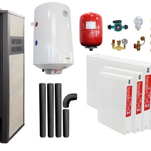 Pachet incalzire si apa calda pentru 3 camere Termosemineu pe lemne, brichete si carbune Fornello Roma E, Ivory, 22 kW, 49x45x103 cm, boiler termoelectric 100l, vas expansiune, pompa circulatie, kit evacuare, calorifere si kit montaj