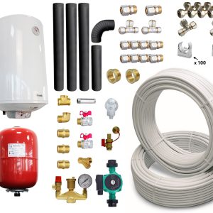 Pachet incalzire si apa calda pentru 2 camere Termosemineu pe lemne, brichete si carbune Fornello Roma E, Ivory, 22 kW, 49x45x103 cm, teava, boiler termoelectric 100l, vas expansiune, pompa circulatie, kit evacuare, calorifere si fitinguri