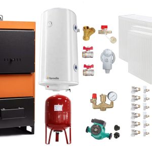 Pachet Centrala pe combustibil solid Fiama W 35 kW, Radiatoare Otel, Boiler Termoelectric, Vas Expansune, Pompa si Fitinguri Montaj