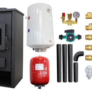 Pachet Termosemineu pe lemne, brichete si carbuni Fornello PADOVA E, 19.4 kW, 510x500x910 mm, boiler termoelectric 80l, vas expansiune, pompa circulare, kit evacuare si kit montaj