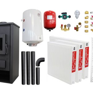 ﻿﻿﻿Pachet incalzire si apa calda pentru 2 camere Termosemineu pe lemne, brichete si carbune Fornello PADOVA E, 19.4 kW, 510x500x910 mm, boiler termoelectric 80l, vas expansiune, pompa circulare, calorifere, kit evacuare si kit montaj