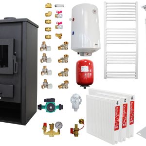 Pachet incalzire si apa calda pentru 2 camere Termosemineu pe lemne, brichete si carbune Fornello Padova E, 19.4 kW, 510x500x910 mm, cos inox, boiler termoelectric 80l, vas expansiune, pompa circulare, calorifere si kit montaj