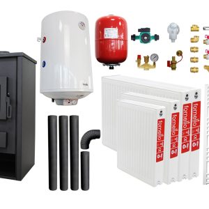 Pachet incalzire si apa calda pentru 3 camere Termosemineu pe lemne, brichete si carbune Fornello PADOVA E, 19.4 kW, 510x500x910 mm, boiler termoelectric 80l, vas expansiune, pompa circulare, calorifere, kit evacuare si kit montaj