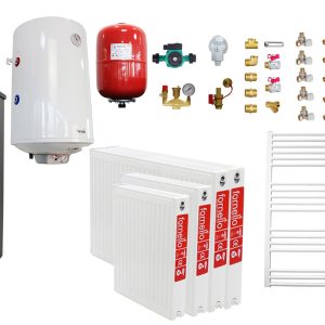 Pachet incalzire si apa calda pentru 3 camere Termosemineu pe lemne, brichete si carbune Fornello PADOVA E, 19.4 kW, 510x500x910 mm, cos inox, boiler termoelectric 80l, vas expansiune, pompa circulatie, calorifere si kit montaj