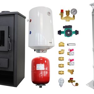 Pachet Termosemineu pe lemne, brichete si carbune Fornello Padova E, 19.4 kW, 510x500x910 mm, cos inox, boiler termoelectric 80l, vas expansiune, pompa circulare si kit montaj