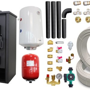 Pachet Termosemineu pe lemne, brichete si carbune Fornello PADOVA E, 19.4 kW, 510x500x910 mm, boiler termoelectric 80l, teava, vas expansiune, pompa circulare, kit evacuare si fitinguri
