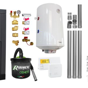 Pachet Centrala pe peleti Fornello Eco Energy 25 kW, complet echipata cu pompa, vas expansiune, automatizare, Calorifere aluminiu, Fitinguri, boiler, kit evacuare 3.5 ml, Termostat Salus 091FLRFV2 si Aspirator Cenusa, curatare facila, pana la 200 mp