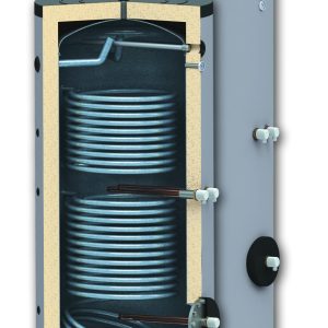 Boiler 500 litri cu 2 serpentine SUNSYSTEM SON 500, montaj pe sol, izolatie termica, manta de protectie , flansa de vizitare, emailat cu titan