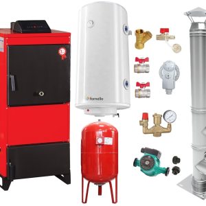 Pachet Centrala pe combustibil solid Fiama D2-40 Putere 46 kW, cu Ventilator si Automatizare, Cos inox, Boiler Termoelectric, Pompa, Vas Expansiune si Fitinguri