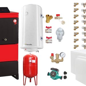 Pachet Centrala pe combustibil solid Fiama D2-40 Putere 46 kW, cu Ventilator si Automatizare, Radiatoare Otel, Boiler Termoelectric, Pompa, Vas Expansiune si Fitinguri