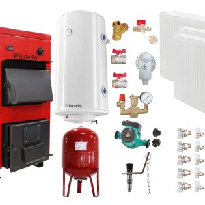 Pachet Centrala pe combustibil solid Fornello Eco Energy WB 25 kW, Radiatoare Otel, Boiler Termoelectric, Vas Expansune, Pompa si Fitinguri Montaj
