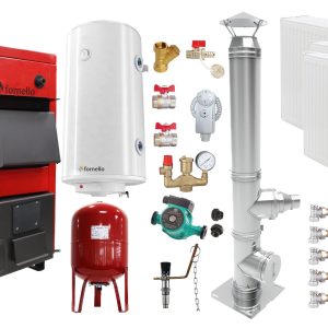 Pachet Centrala pe combustibil solid Fornello Eco Energy WB 25 kW, Cos Inox, Radiatoare Otel, Boiler Termoelectric, Vas Expansune, Pompa si Fitinguri Montaj
